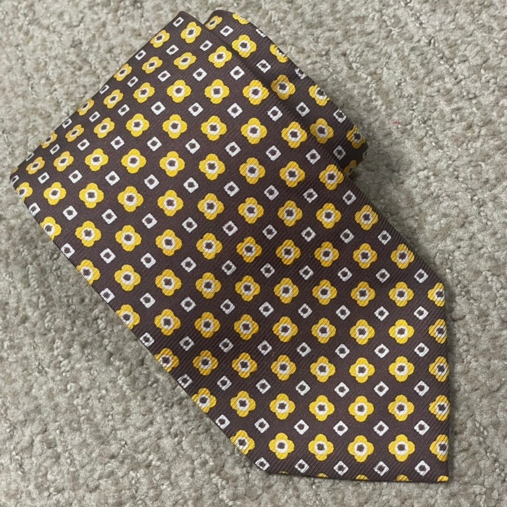Rubinacci Silk Necktie Mens 3.5" Brown Yellow Floral Geometric Made in Italy